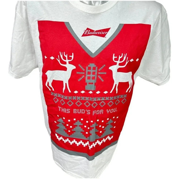 Christmas Budweiser Beer  T-Shirt Mens Shirt Size L White w Red Print New - Picture 4 of 7